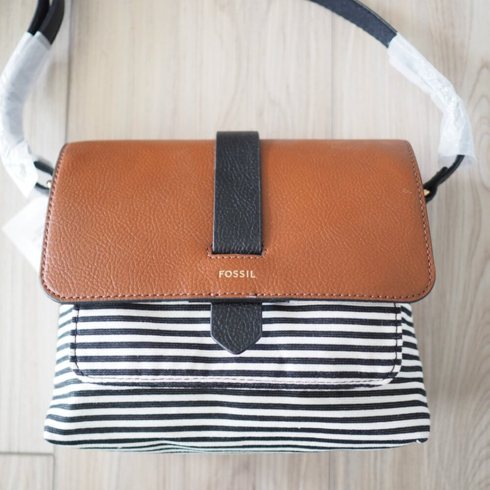 NWT FOSSIL Kinley Front Flap Pocket Crossbody Black White Striped Tan Leather - Picture 5 of 13
